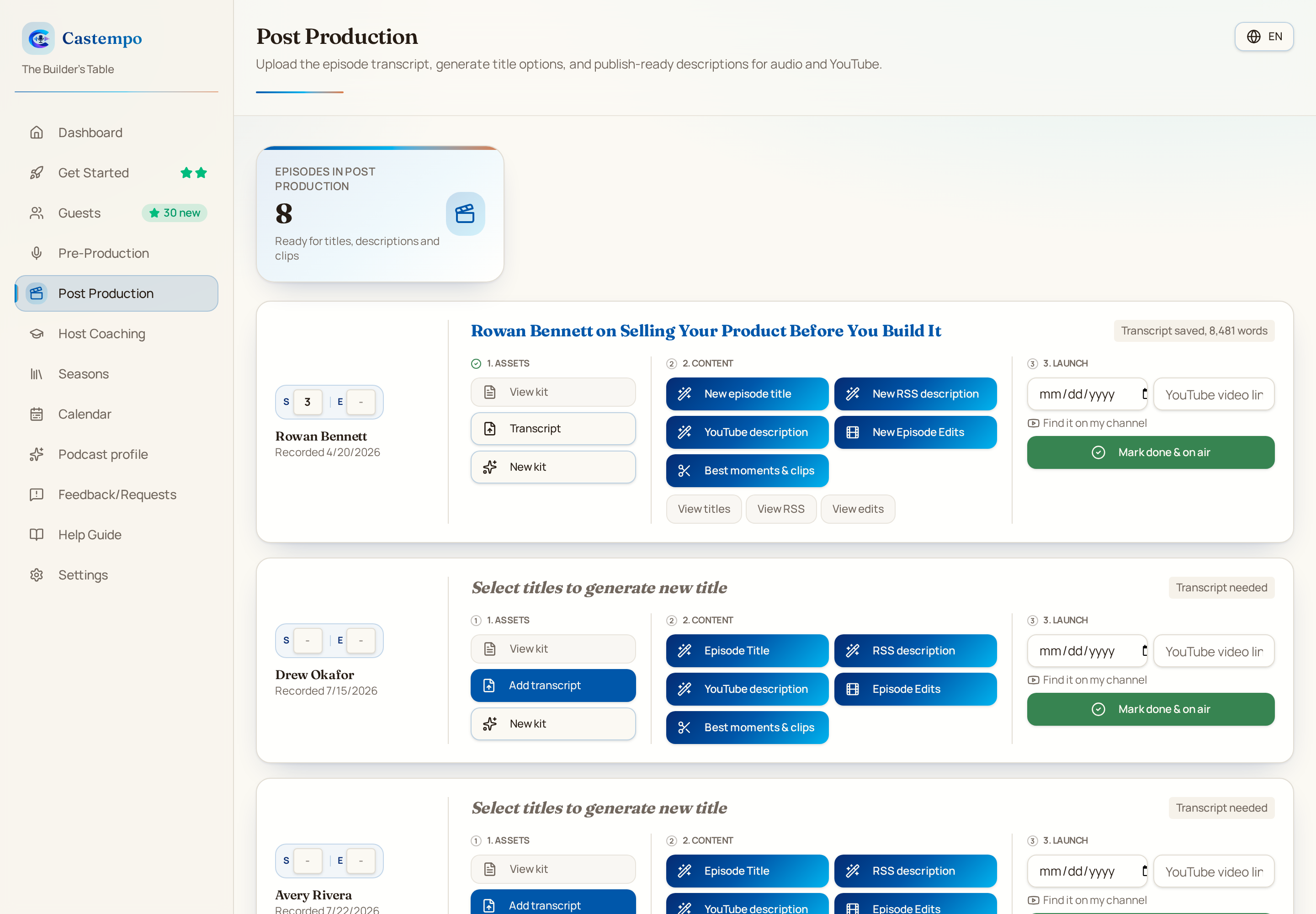 Castempo post production page with transcripts, title, description and clip tools